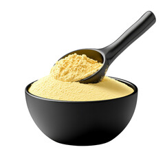 Baby formula powder in a measuring bowl, infant care element, realistic illustration, soft pastel yellows, isolated on white background. 