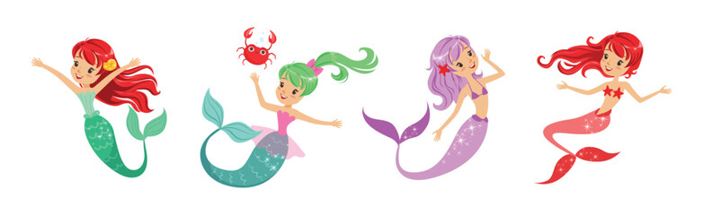 Cute Girl Mermaid Character with Female Body and Fish Tail Vector Set