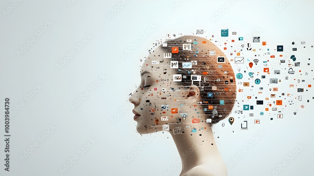 Poster Digital face being drawn out of floating icons and abstract symbols that represent various social interactions and online connections  Conceptual of the intersection of technology communication