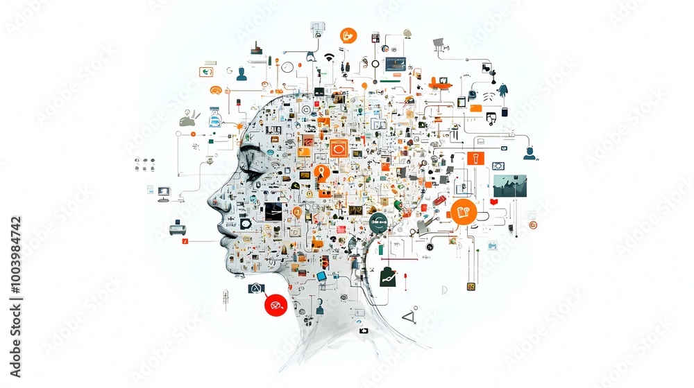 Aufkleber Digital face creation composed of floating abstract icons and symbols representing social interactions and digital communication