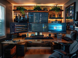 Modern home office setup with multiple monitors, ergonomic chair, ambient lighting, and plants, perfect for productivity and coding.