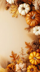 Autumn aesthetic card with pumpkins, dry flowers and leaves. Warm brown, golden and beige. Copy space. Generative AI