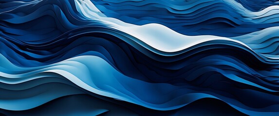 Abstract background with smooth, flowing curves similar to soft fabric or fluid waves. Gradient from navy blue and deep dark ocean blue.