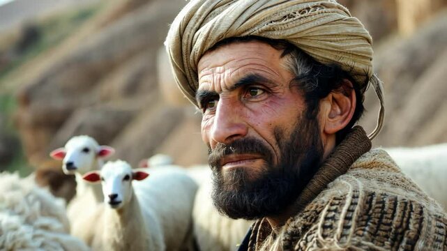 Rural shepard with flock of sheep in traditional terrain setting