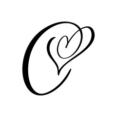 Hand drawn vector calligraphy love letter C. Vintage heart monogram. Script capital font logo. Handwritten brush style. element Valentine flourish. sign for page decoration design illustration