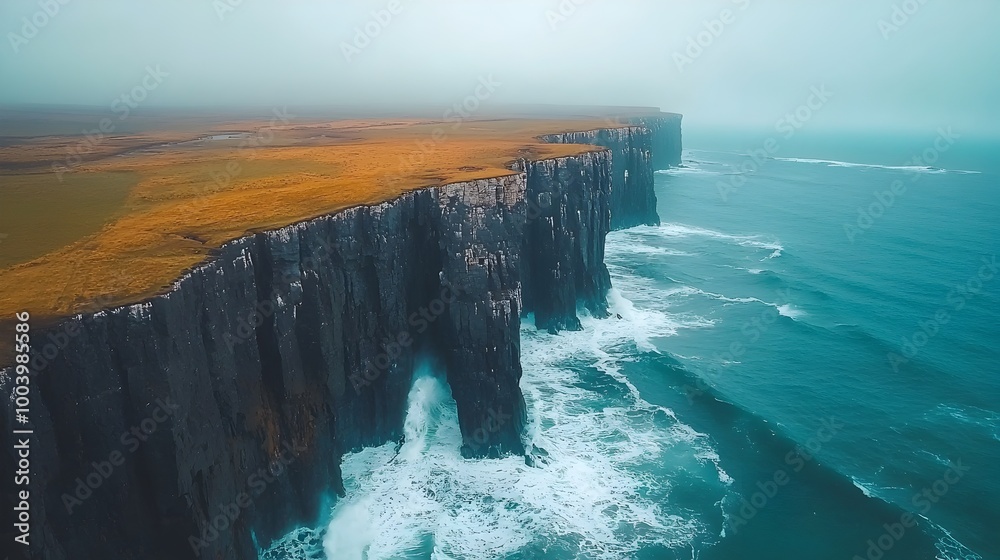 Poster Dramatic coastal landscape with towering cliffs and crashing waves overlooking the vast turbulent ocean  Rugged natural scenery with a moody atmospheric feel creating a sense of power and tranquility