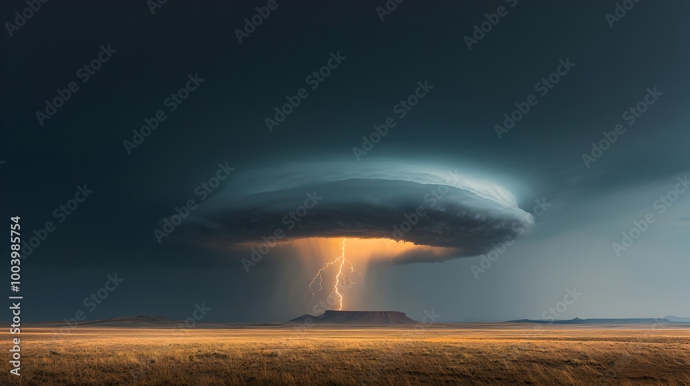Poster dramatic thunderstorm with powerful lightning strikes sweeping across a vast serene desert landscape