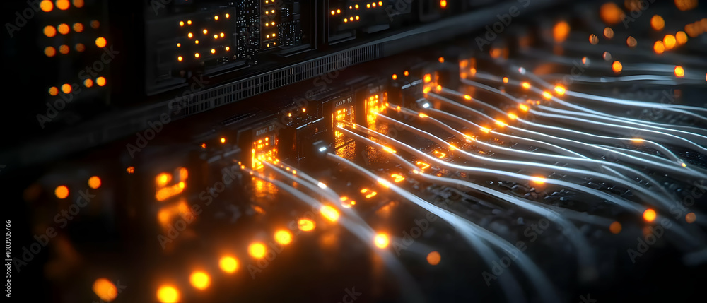 Poster close-up view of illuminated network cables and servers, showcasing the intricate technology behind 