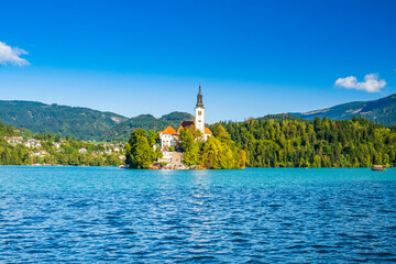 Bled lake in Slovenia in autumn, amazing landscape