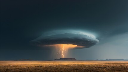 Dramatic thunderstorm with powerful lightning strikes sweeping across a vast serene desert landscape  Moody atmospheric scene depicting the raw power and beauty of nature in an isolated