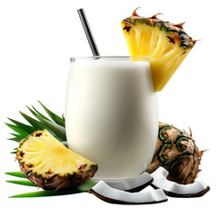 Freshly made piña colada with coconut and pineapple garnish, beach drink element, photorealistic detail, bright tropical hues, isolated on white background. 