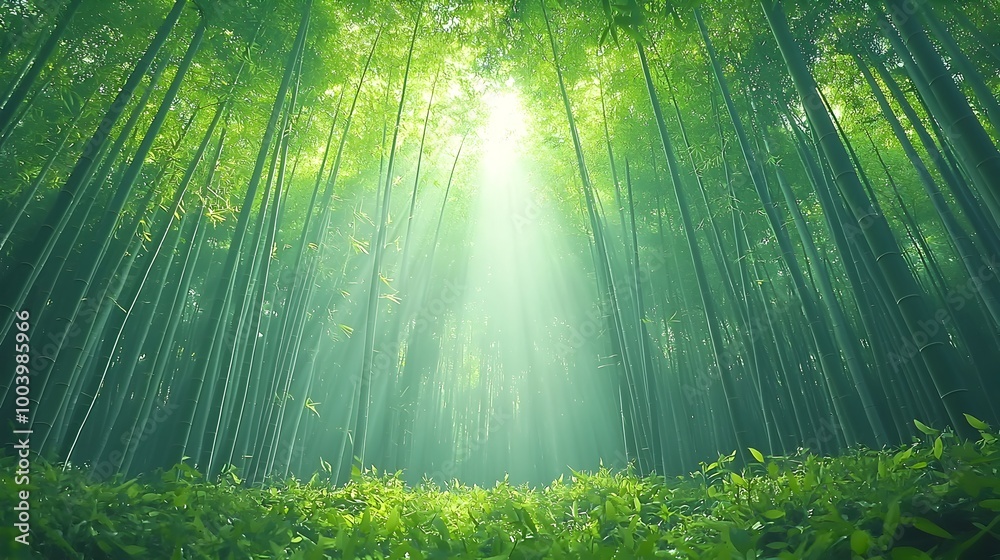 Poster enchanting bamboo forest bathed in soft sunlight tranquil nature landscape with tall stalks and lush