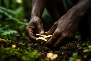 Farmer is harvesting fresh mushrooms growing in soil on a farm