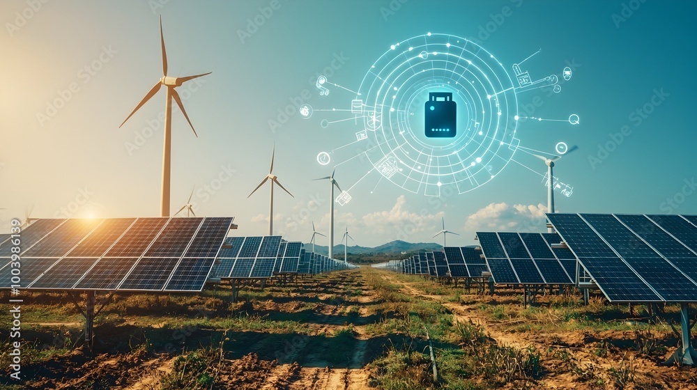 Aufkleber expansive field of solar panels harnessing the sun s rays to power a floating battery icon symbolizi