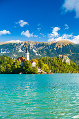 Bled lake in Slovenia in autumn, amazing landscape