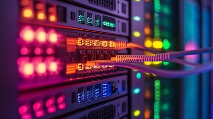 Close-up of server rack with ethernet cables connected.