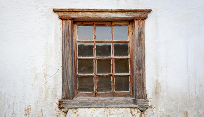 Fototapeta premium Window with weathered wooden frame, rough white cement wall. Natural wood. Building exterior.