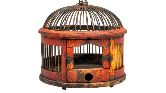a bird cage with a hole in it

