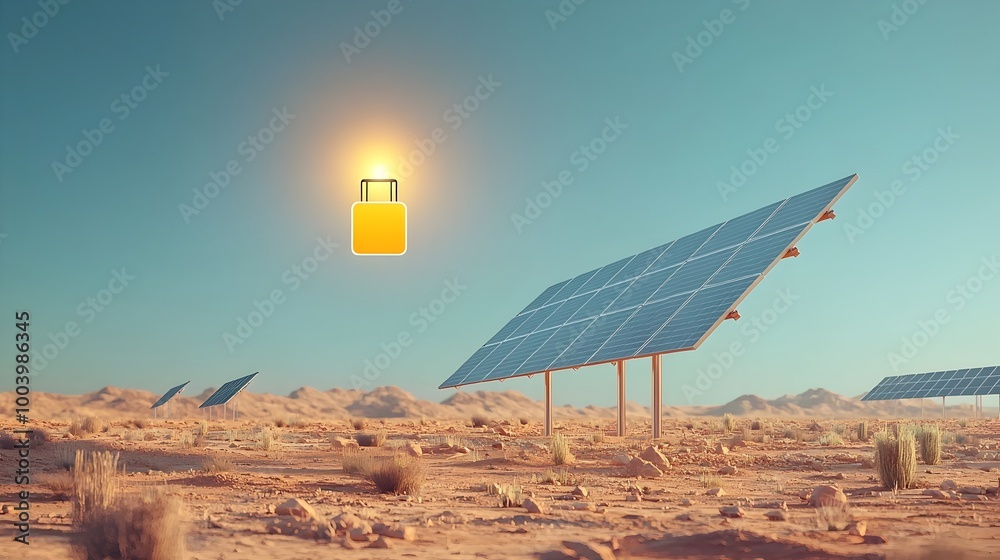 Aufkleber Field of solar panels positioned under a clear sky generating renewable electricity with direct connection to a floating battery icon symbol representing clean energy production and storage