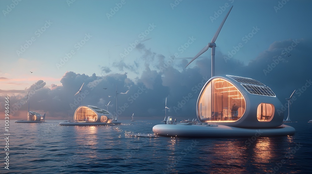Aufkleber floating island powered entirely by solar and wind energy with futuristic eco friendly buildings glo