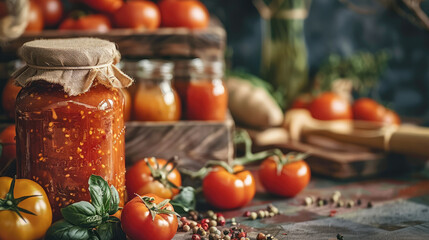 A jar of freshly canned tomato sauce, with the bright red tomatoes.