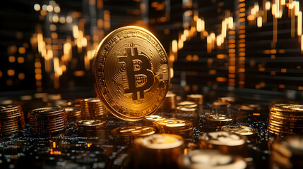 A close-up image of a shiny Bitcoin surrounded by gold coins and ascending price charts in the background.