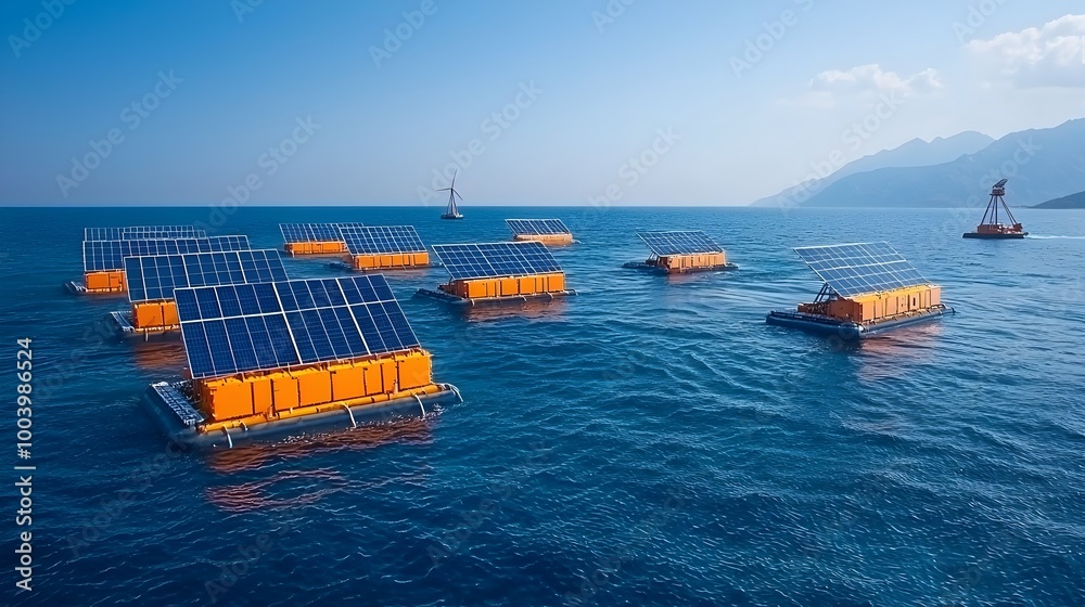 Poster Floating solar panels gently glowing and rolling across the vast ocean waves symbolizing the of solar and hydro power to create clean renewable energy and address climate change