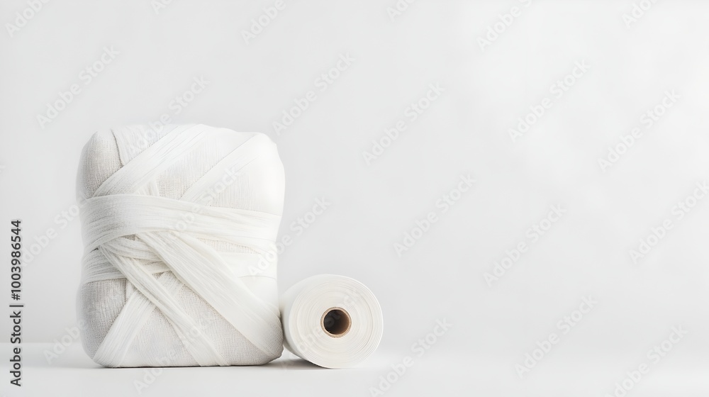 Aufkleber folded mummy wrap and roll of bandages creating a subtle contrast on a stark white surface minimalis