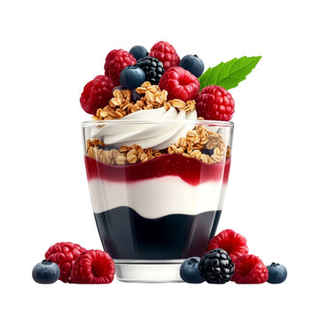 Mini fruit parfait in a glass cup with yogurt and granola, healthy dessert element, vector illustration, layered colors, isolated on white background. 