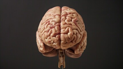 Model of human brain on stand against dark background. Anterior view highlights detailed structure, enhancing visibility and drawing attention.