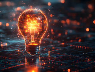 A glowing light bulb with digital sparks, symbolizing innovation and technology on a dark digital background.