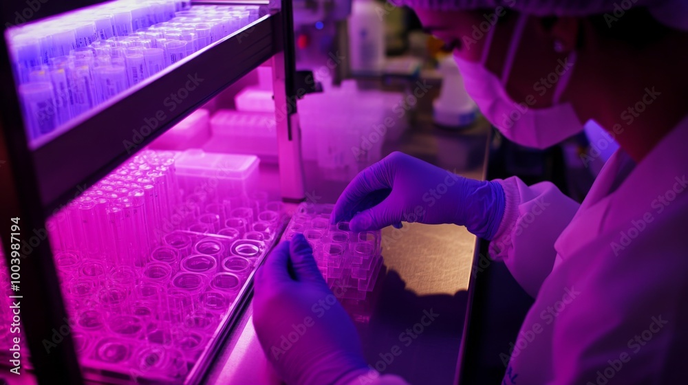 Poster A researcher carefully organizes and analyzes various samples in a laboratory illuminated by purple lighting during the evening. The setting highlights focus and precision in scientific work.