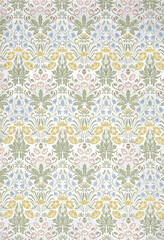  vintage floral wallpaper design with yellow, blue, red flowers and green leaves on a white background.