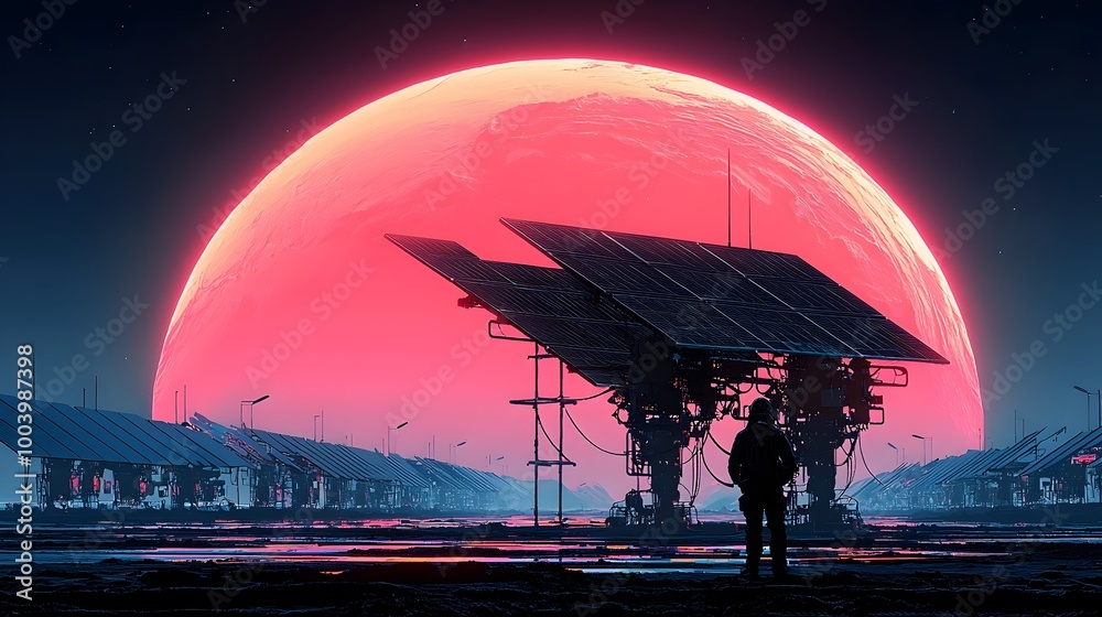 Aufkleber futuristic solar panels reflecting a bright vibrant skyline and casting captivating light patterns o