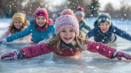 A group of children glides across a frozen lake, laughing and playing in the snow, as the sun shines brightly on this joyful winter day.
