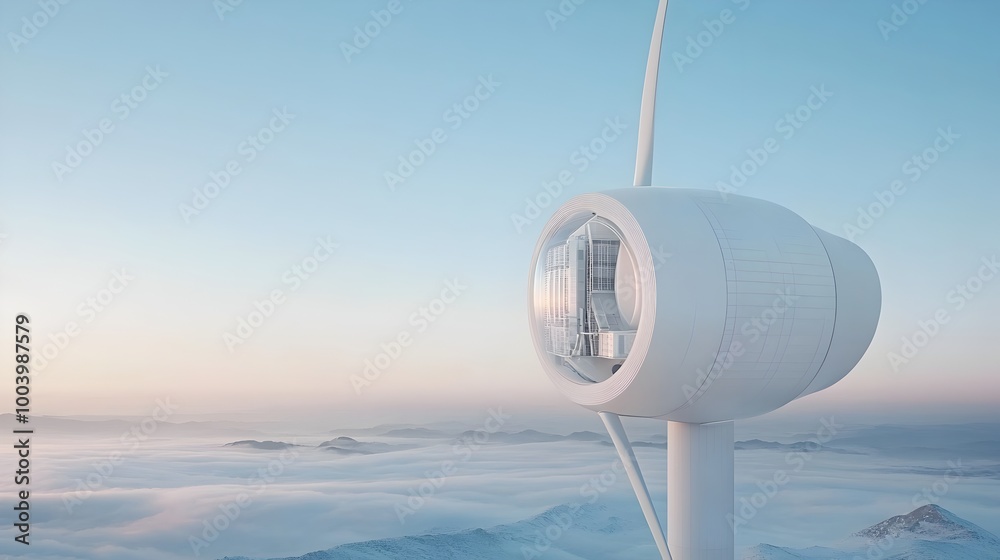 Poster Futuristic skyscraper design that seamlessly integrates a massive wind turbine into the building s structure