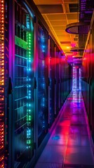Fototapeta premium Interior view of a data center: long corridor with server racks to the ceiling. Doors slightly open, colorful lights reflected on polished floor, high-tech, clean, and futuristic vibe.