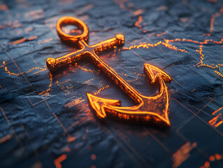 An illuminated anchor symbol placed on a dark map, representing navigation and exploration.