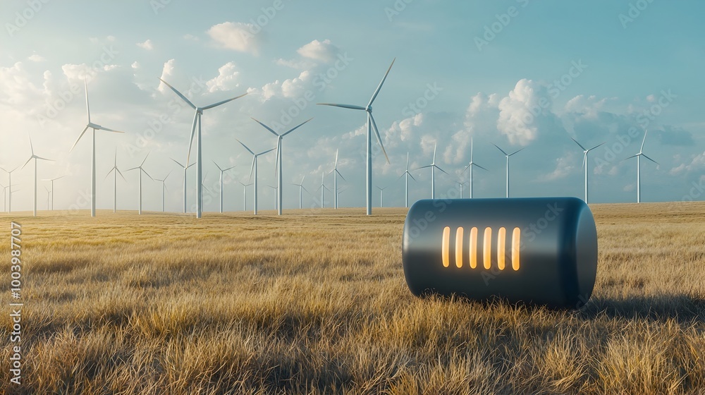 Aufkleber Glowing battery icon hovering above an open field of wind turbines representing the endless potential of clean renewable energy and a sustainable future