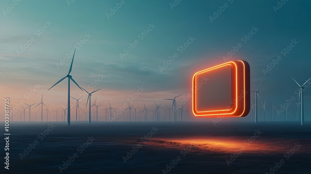 Aufkleber Glowing Battery Icon Hovering over an Open Field of Wind Turbines Representing the Endless Potential of Clean and Renewable Energy