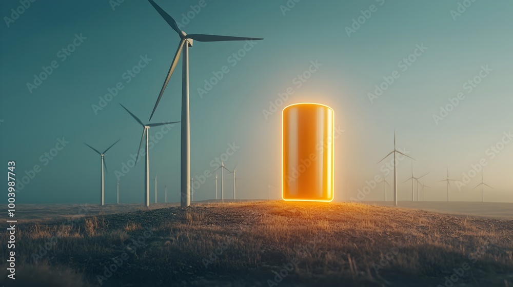 Aufkleber Glowing battery icon hovering over an open field of wind turbines symbolizing the endless and renewable clean energy capabilities of modern technology