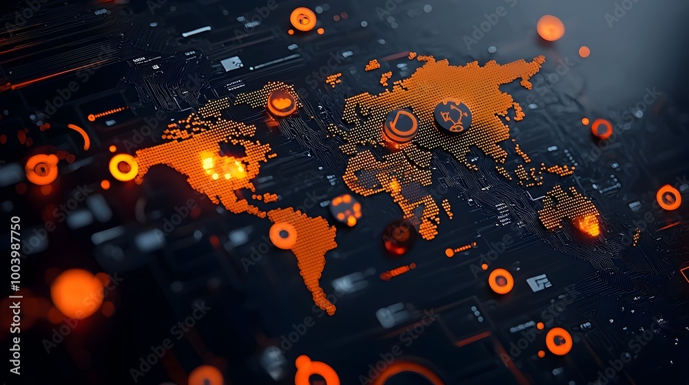 Poster Glowing Binary World Map Representing Global Digital Connectivity and Social Media Interactions Across the World in a Futuristic Cyberpunk Inspired Visualization