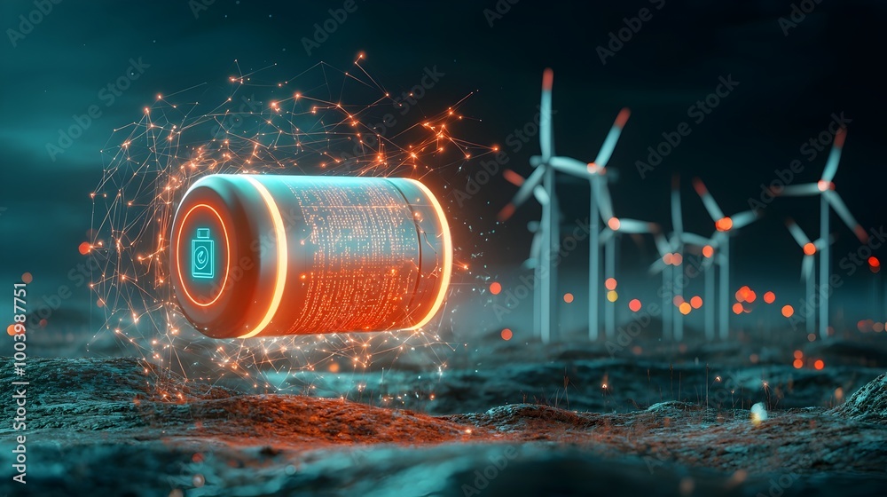Aufkleber Glowing battery icon hovering over an open field of wind turbines symbolizing the endless of clean renewable energy from sustainable sources