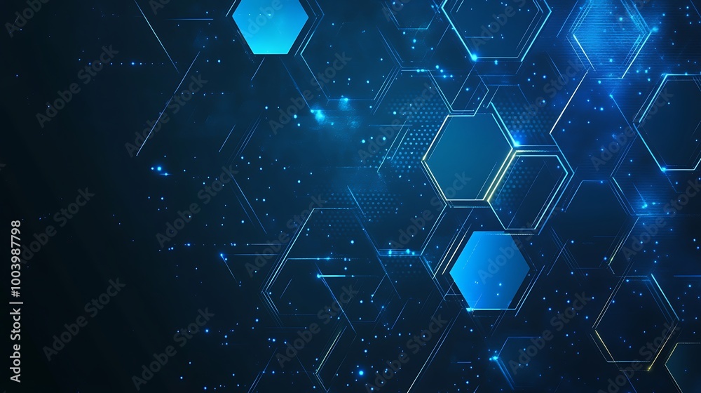 Poster Abstract blue hexagon pattern background with glowing lines and digital dots on a dark blue backdrop.
