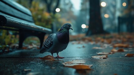 pigeon walks on the pavement in a city park near a bench and a tree, autumn, fall
