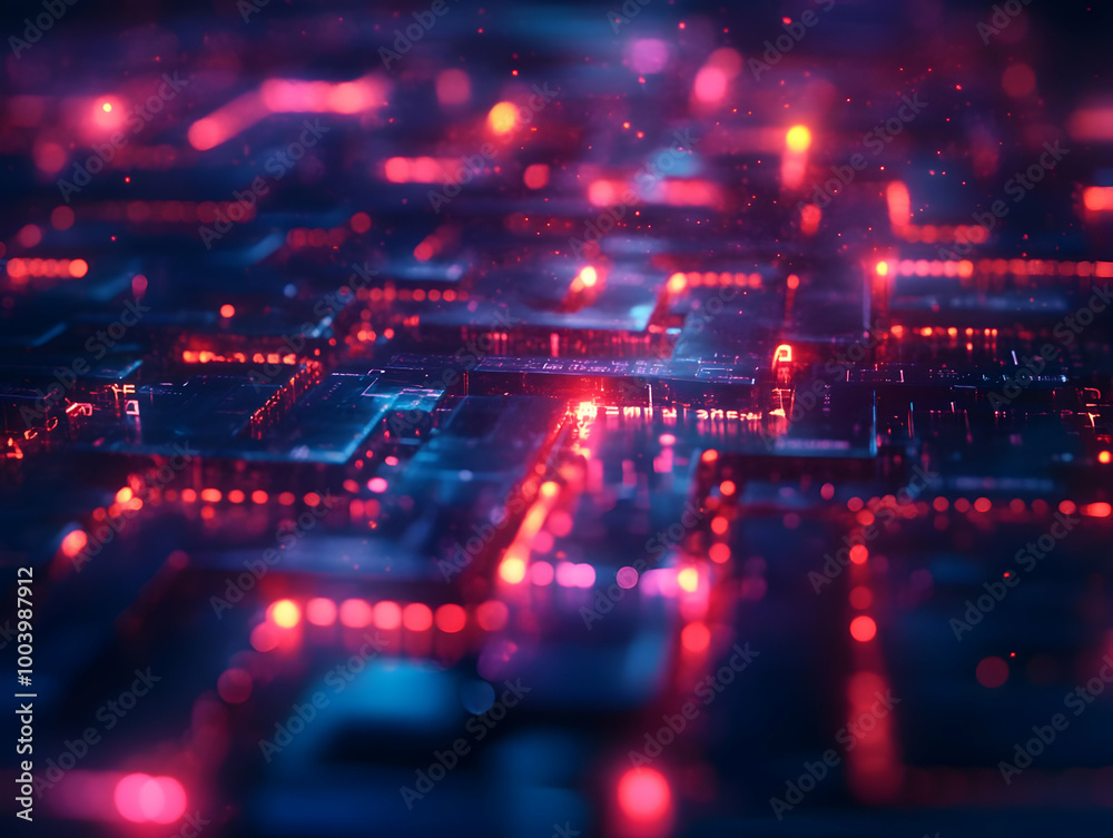 Wall mural abstract digital circuitry with glowing lights in red and blue tones, creating a futuristic atmosphe