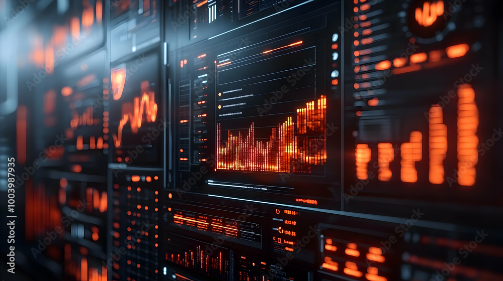 Poster futuristic data display panel with glowing graphs and metrics in orange tones, perfect for tech-rela