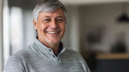 Fototapeta premium Smiling Senior Man with Grey Hair in Casual Sweater Indoors