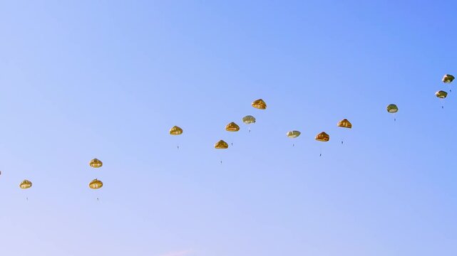 Footage captures group of military paratroopers descending from sky during a mass parachute drop. Set against a clear blue sky, the scene shows numerous parachutes open in formation. Ede, Netherlands