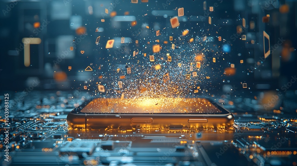Poster glowing smartphone screen with messages and likes appearing as light particles floating in the air a